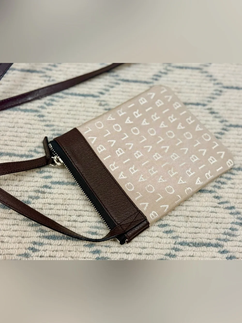 BVLGARI Unisex Rare Logomania Beige Leather Canvas Flat Pouch Crossbody Bag
